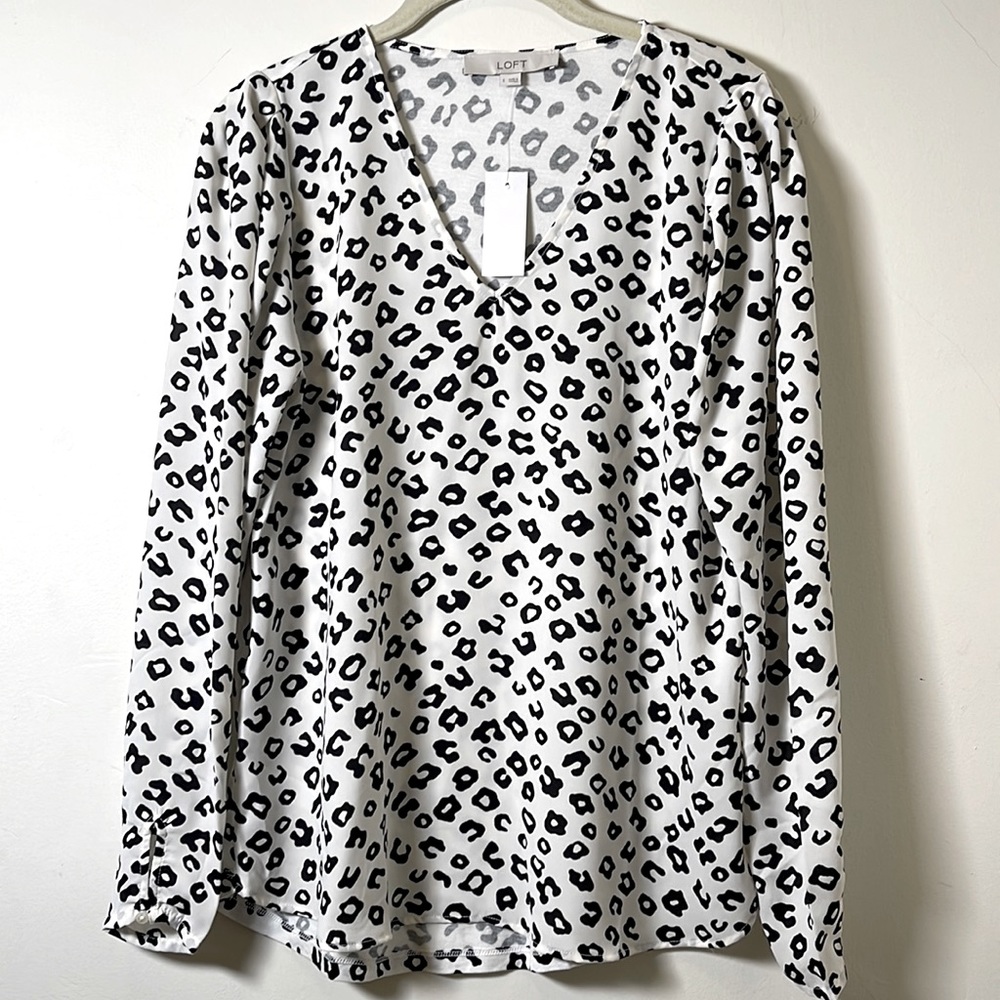 NWT Loft Mixed Media Leopard Print Blouse (Black and White)